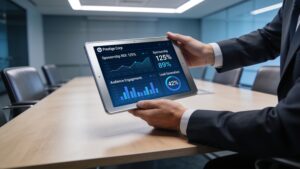 An executive pointing at financial ROI graphs on a tablet screen during a sponsorship proposal meeting.