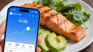 A person holding a smartphone showing a blood sugar tracking app next to a healthy meal of salmon and greens.