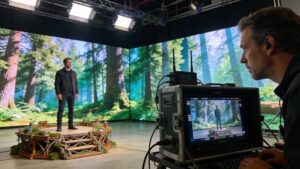 A director reviewing real-time footage on a monitor on a virtual production LED stage.