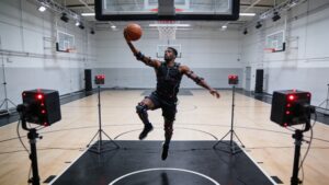 A basketball player undergoing optical motion capture and biomechanical tracking in a sports lab.