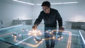 A software architect designing a multi-agent system workflow on an interactive glass display.