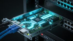 A secure hardware enclave chip installed within a modern server rack providing confidential computing protection.