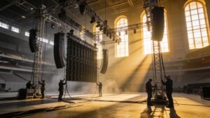 Logistics team coordinating AV equipment setup and stage rigging in a large venue.