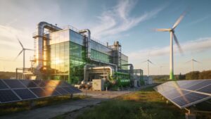 Industrial green energy wind turbines powering a modern automated manufacturing plant.