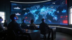 A cybersecurity command center monitoring global supply chain logistics digital networks.