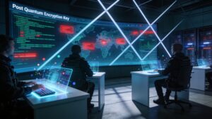 Cybersecurity operations network map shielding cloud server infrastructure from threats.