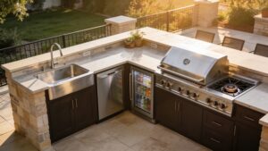 High-angle view of an L-shaped modular outdoor kitchen showing prep, cold storage, and grilling zones.