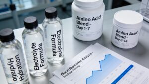 Precision athletic nutrition supplements and blood biomarker reports arranged on a sports science table.