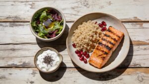 Table spread featuring a heart-healthy Mediterranean diet meal with grilled fish, fresh salad, olives, and fruit.