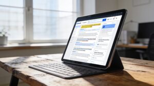 A digital tablet displaying an AI search engine summary with clear citations and structured data modules.
