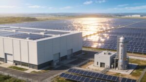 A modern eco-friendly data center facility integrated with solar arrays and clean energy generation architecture.