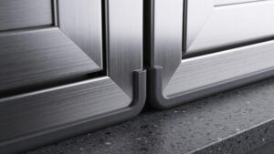 Close-up detail of a marine-grade stainless steel cabinet door and sintered stone countertop edge.