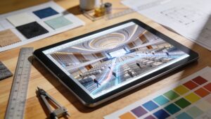 Event designer creating a 3D floor plan layout and spatial flow diagram for an international summit.