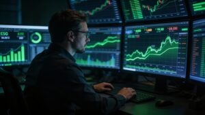 Financial analyst tracking carbon offset markets and ESG capital investment graphs on multiple screens.