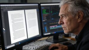 A senior editor reviewing news content accuracy and media verification tools on a computer monitor.