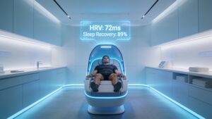 Athlete resting in an advanced recovery pod equipped with biometric sleep tracking sensors and ambient blue light therapy.