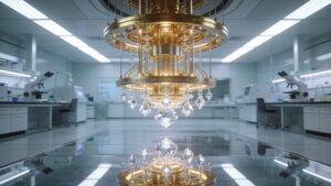 A golden quantum computing chandelier suspended inside a clean research laboratory.