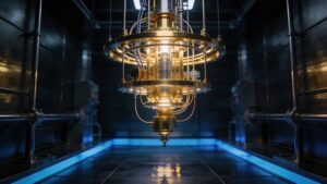 Superconducting quantum computer hardware processor inside a cryogenic cloud facility.
