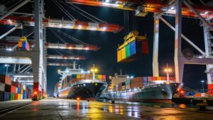 Container port terminal cranes loading automated cargo ships at a modern maritime hub.