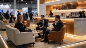 Trade show attendees conversing in a comfortable branded hospitality lounge inside an exhibit booth.