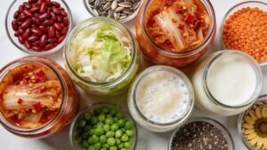 Jars of kimchi, sauerkraut, and kefir arranged alongside colorful fiber-rich seeds and vegetables.