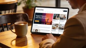 A person reading a specialized digital newsletter on a tablet in a quiet café environment.