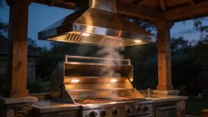 A commercial stainless steel exhaust vent hood installed over a built-in outdoor gas grill.