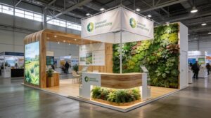 A sustainable trade show booth constructed with recyclable fabric graphics and vertical green plant walls.