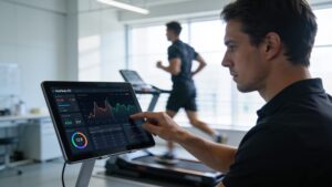A sports scientist evaluating athlete heart rate variability and workload metrics on a tablet.
