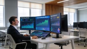 Technology executive reviewing enterprise ROI dashboards and edge computing bandwidth cost savings graphs.