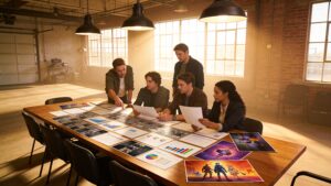 An independent film production crew discussing project finances and storyboards in a studio conference room.