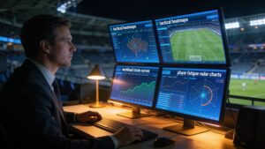 Sports analyst viewing a multi-screen computer dashboard with machine learning predictive injury risk curves and tactical heatmaps.