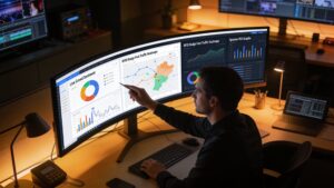 Data analyst reviewing event ROI metrics, attendee sentiment graphs, and engagement data on a computer.