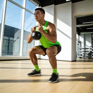 An athletic person performing a weighted squat with proper form in a bright modern fitness gym.