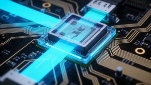 Advanced silicon microchip processor wafer glowing with optical light interconnects.