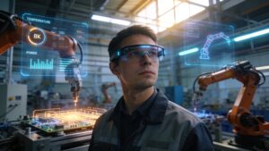 Industrial technician using spatial computing AR glasses to view real-time factory telemetry on robotic arms.