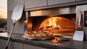 A hybrid wood-and-gas pizza oven baking a pizza on a stainless steel outdoor kitchen counter.