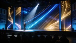 Large event hall featuring dynamic projection mapping visuals and high-tech stage lighting.