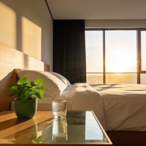Cozy sunlit bedroom interior with a warm bed and peaceful ambient morning atmosphere.