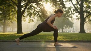 Woman performing a outdoor yoga posture on green grass under mature trees in a quiet park.