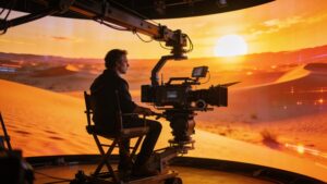 A cinema camera operator filming on a high-tech studio set equipped with a large LED volume display.