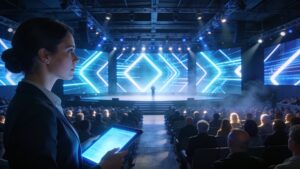 Professional event planner overseeing a high-tech corporate conference hall with dynamic stage lighting.