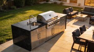 Modern outdoor kitchen setup featuring stainless steel cabinets and sintered stone countertops on a sunlit patio.