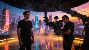 Film crew operating a high-end camera on a futuristic cinematic set featuring glowing LED volume walls powered by AI.