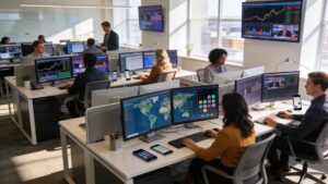 Professional digital media editors working in a modern global newsroom with multiple screens showing communication data.