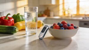 A continuous glucose monitoring wearable resting on a sunny kitchen counter alongside fresh berries and organic vegetables.