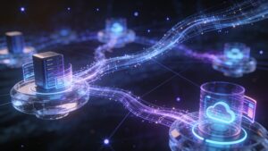 Futuristic digital network representing agentic AI and quantum cloud infrastructure nodes.