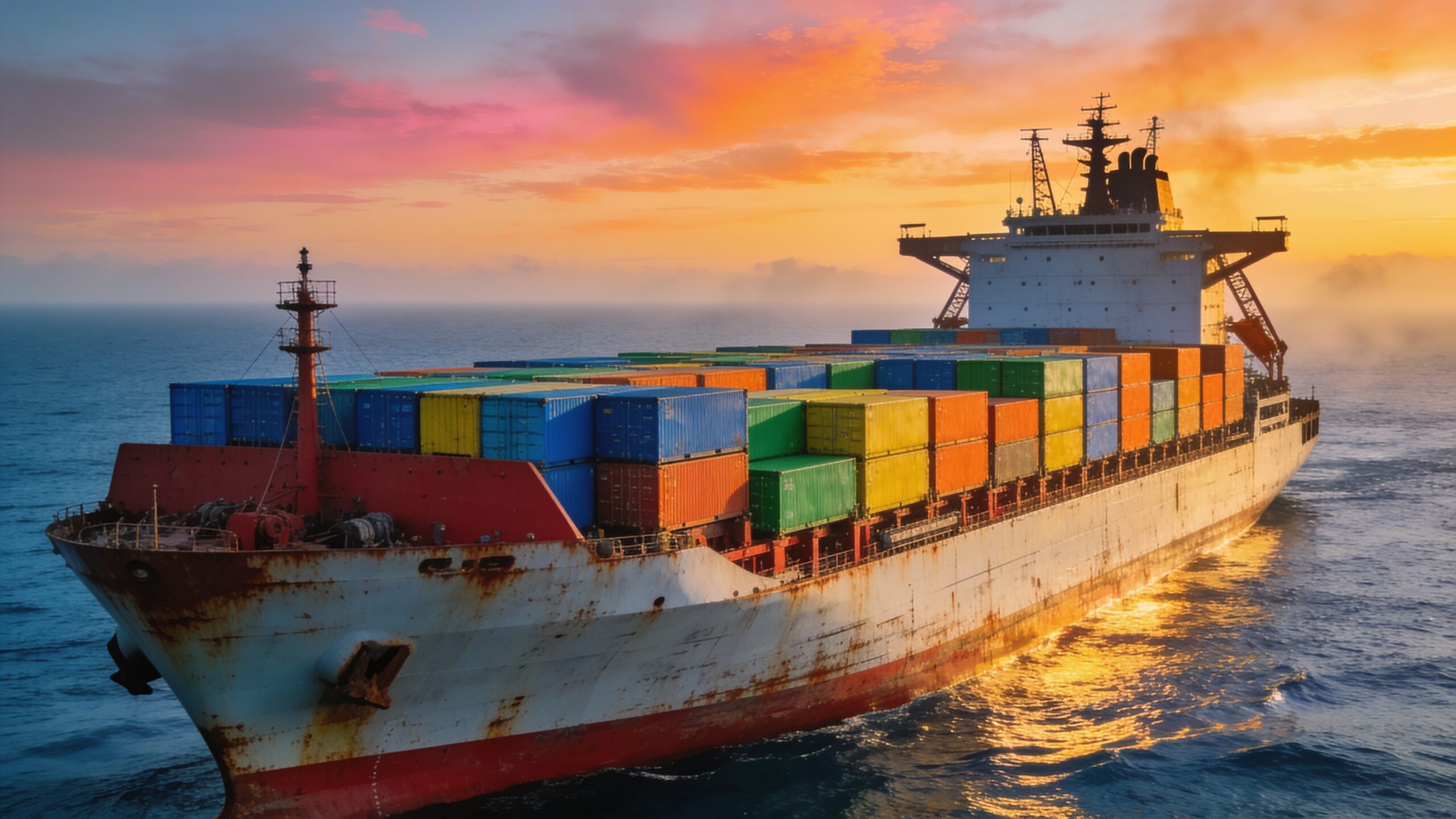 A global shipping container vessel navigating international trade maritime routes.