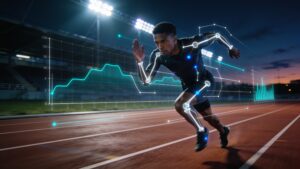 Athlete sprinting on a track wearing a high-tech biometric sensor harness overlaid with digital AI telemetry analytics.