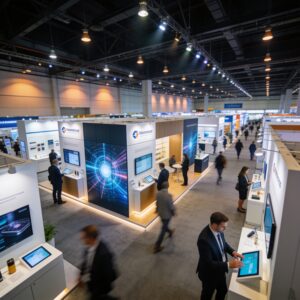 Attendees exploring a large, brightly lit trade show exhibition floor lined with corporate booths.